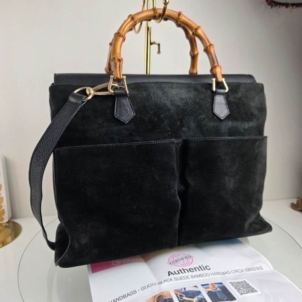 Gucci Black Suede Bamboo Handbag Circa 1980s/90s